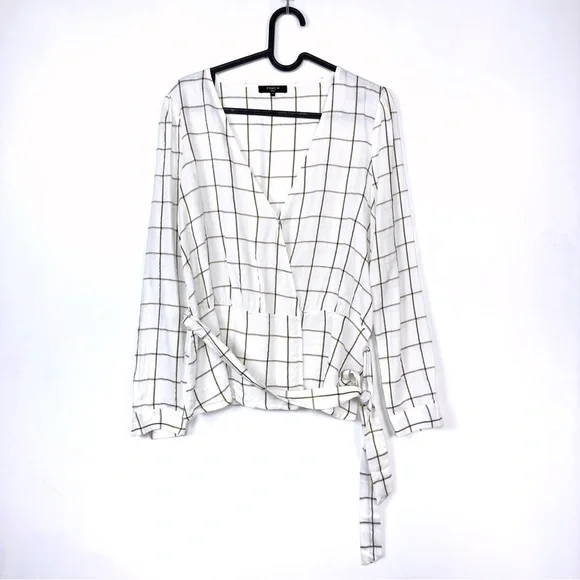 FRNCH Women’s Window Pane Plaid Print Wrap Long Sleeves V- Neck Top White Size M - Picture 6 of 11